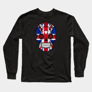 Union Jack British Flag Sugar Skull with Roses Long Sleeve T-Shirt